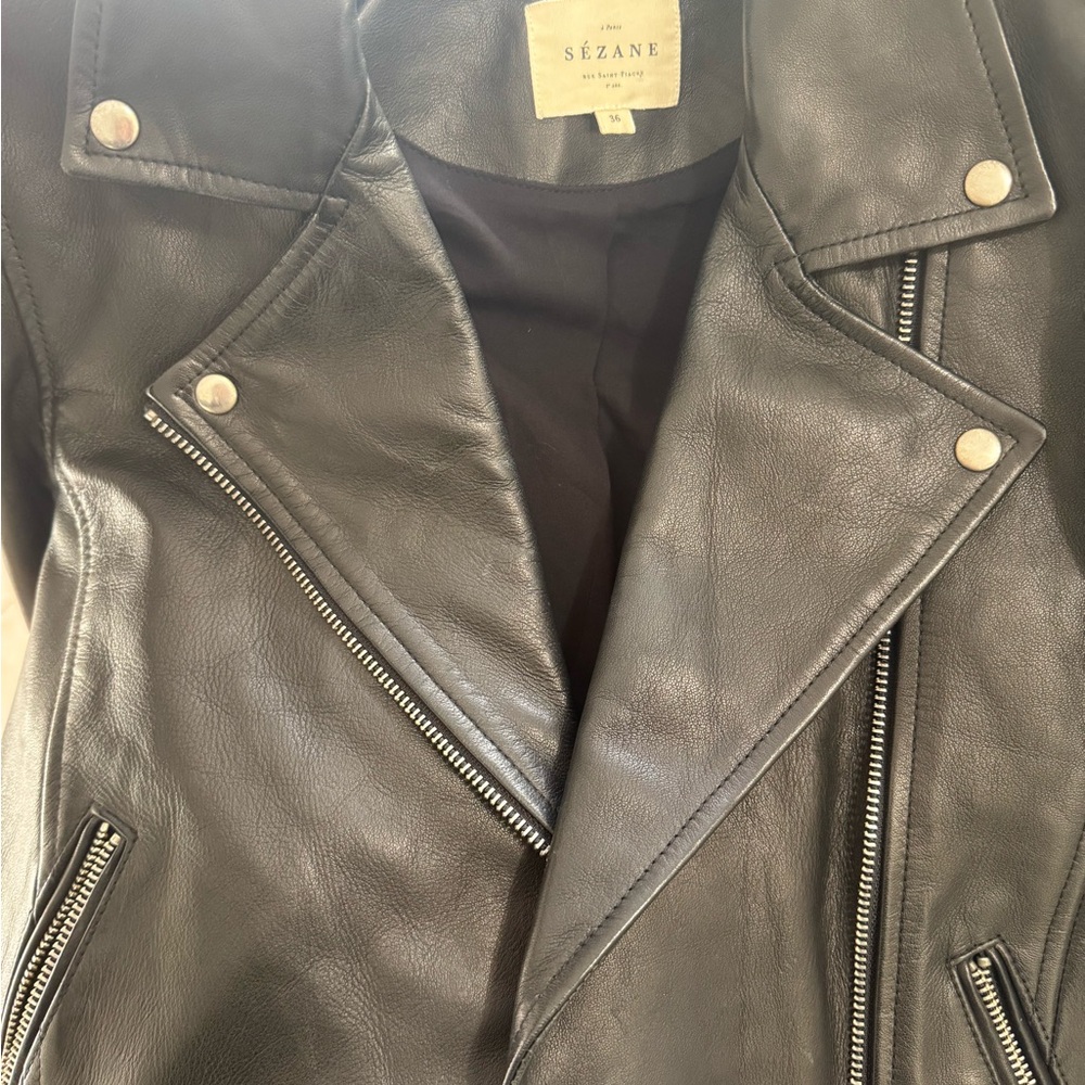 Sézane Black Leather Moto Jacket